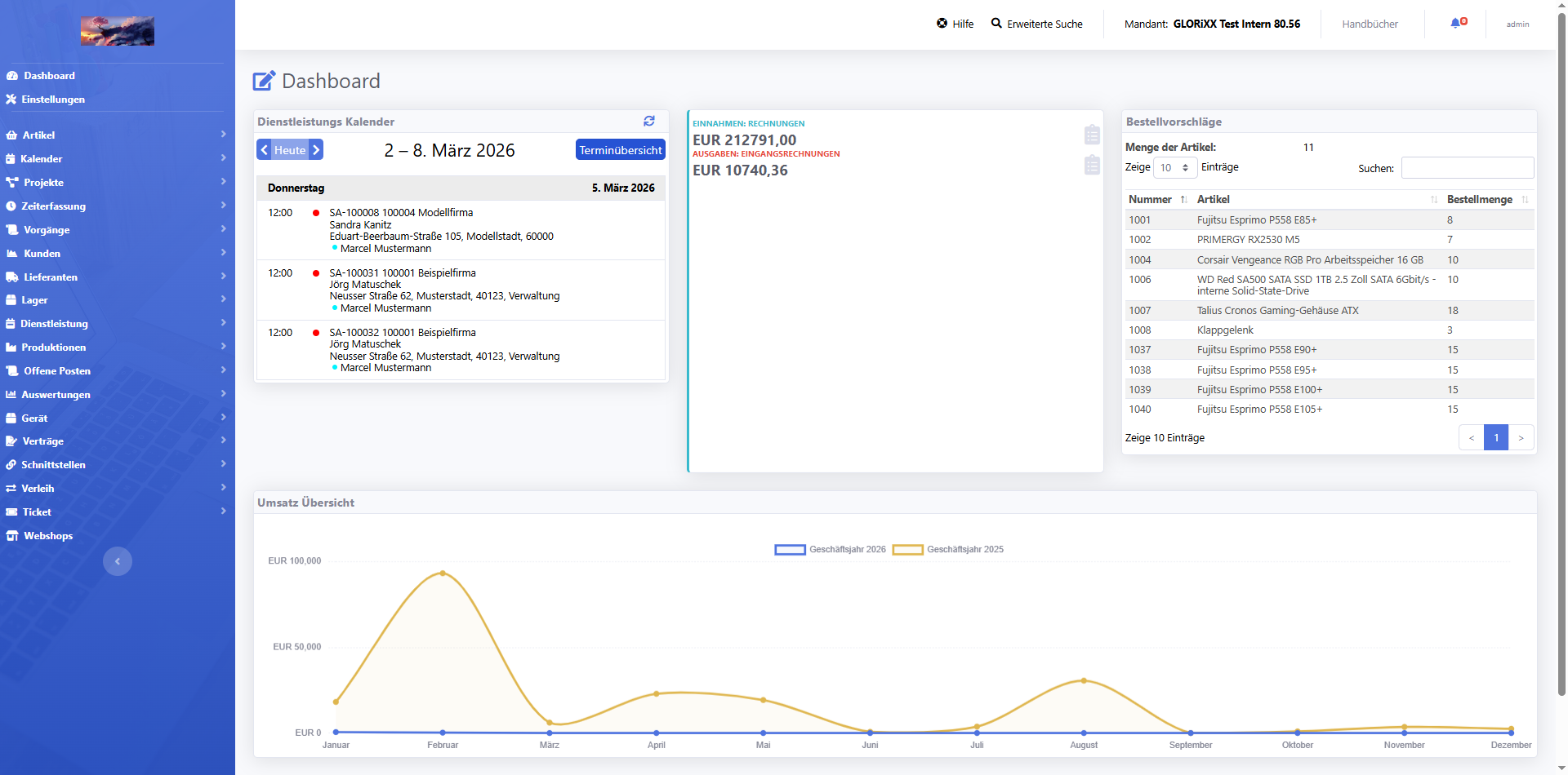 GLORiXX ERP Dashboard mit Umsatzübersicht, Kalender und Bestellvorschlägen