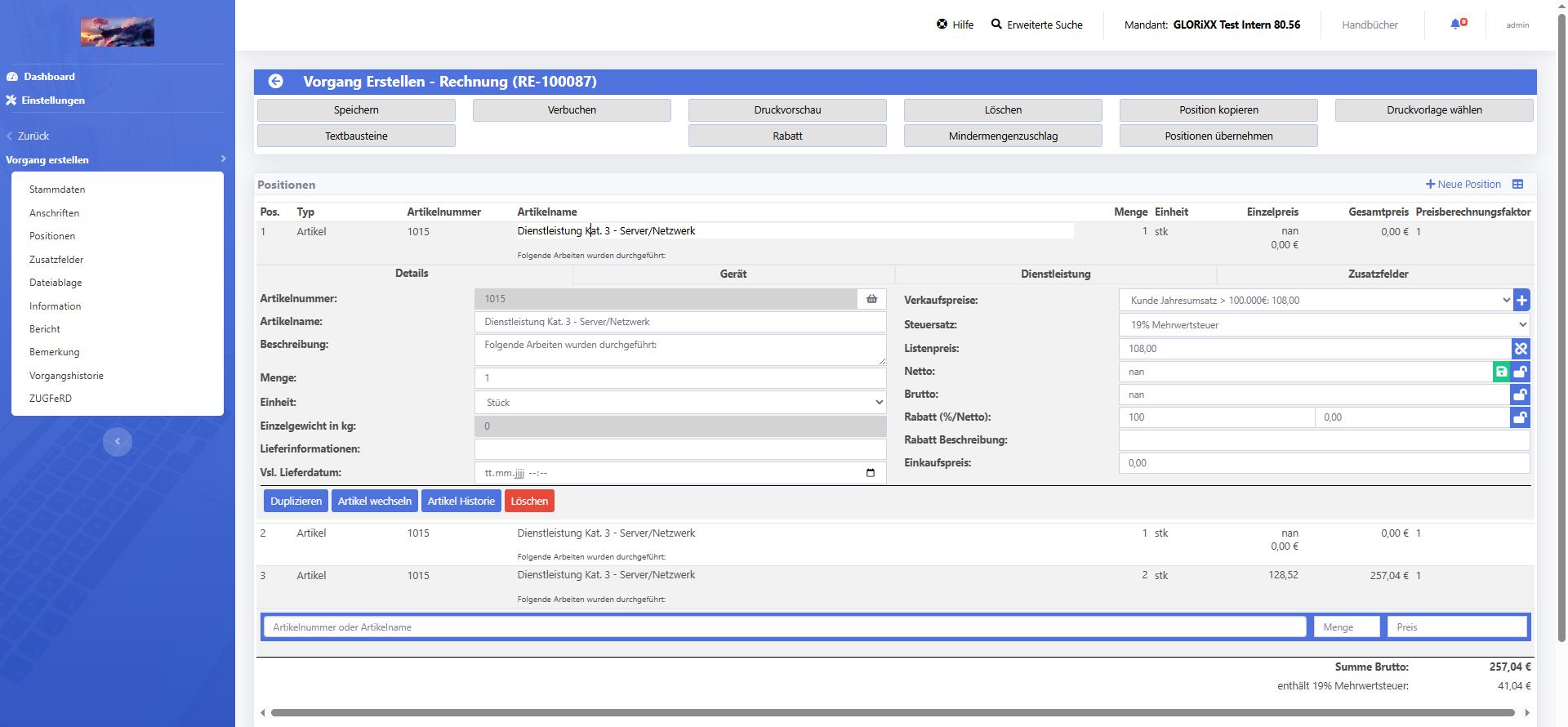 GLORiXX ERP Vorgangserstellung mit Positionen, Artikeldaten, Preisen und Zusatzinformationen